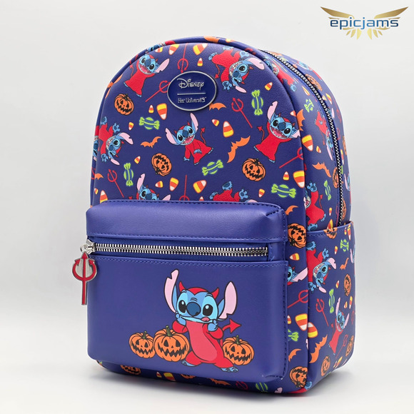 Disney Lilo & Stitch Red Devil Halloween Pumpkin Blue Mini Backpack Bag New - Picture 3 of 7